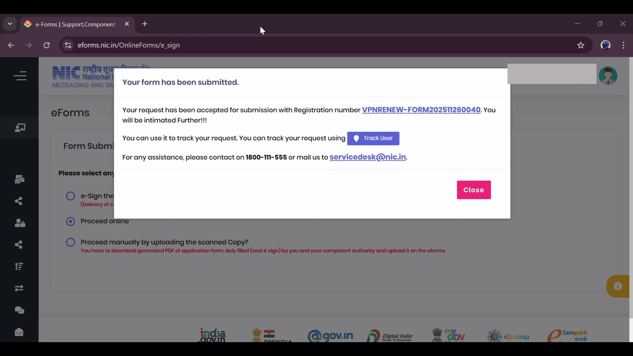 Screenshot of the 'Your form has been submitted' confirmation message with registration number.